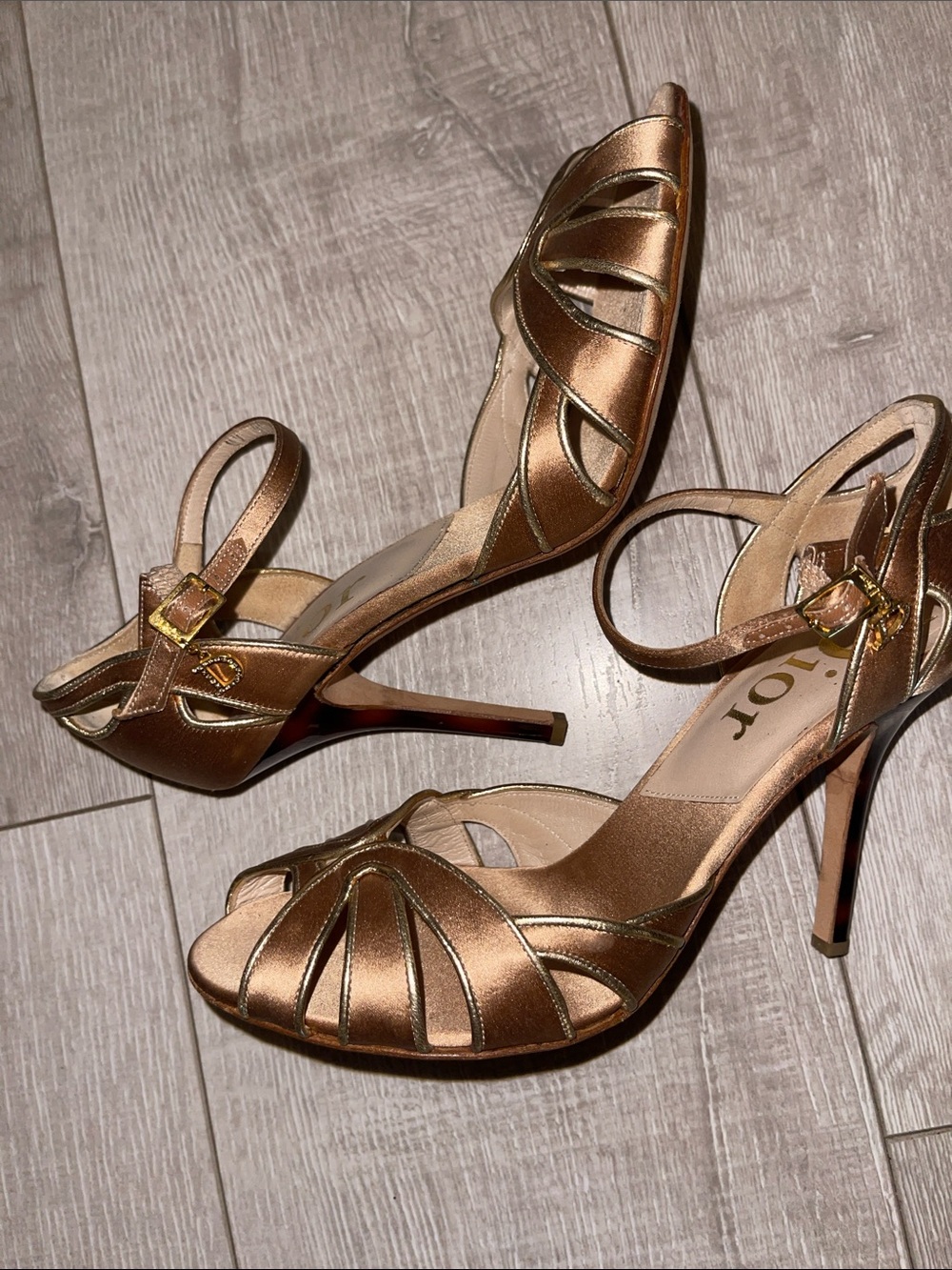 CHRISTIAN DIOR VTG Authentic Metallic Tan Dior Charm Strappy Heel Sandal - Picture 13 of 16